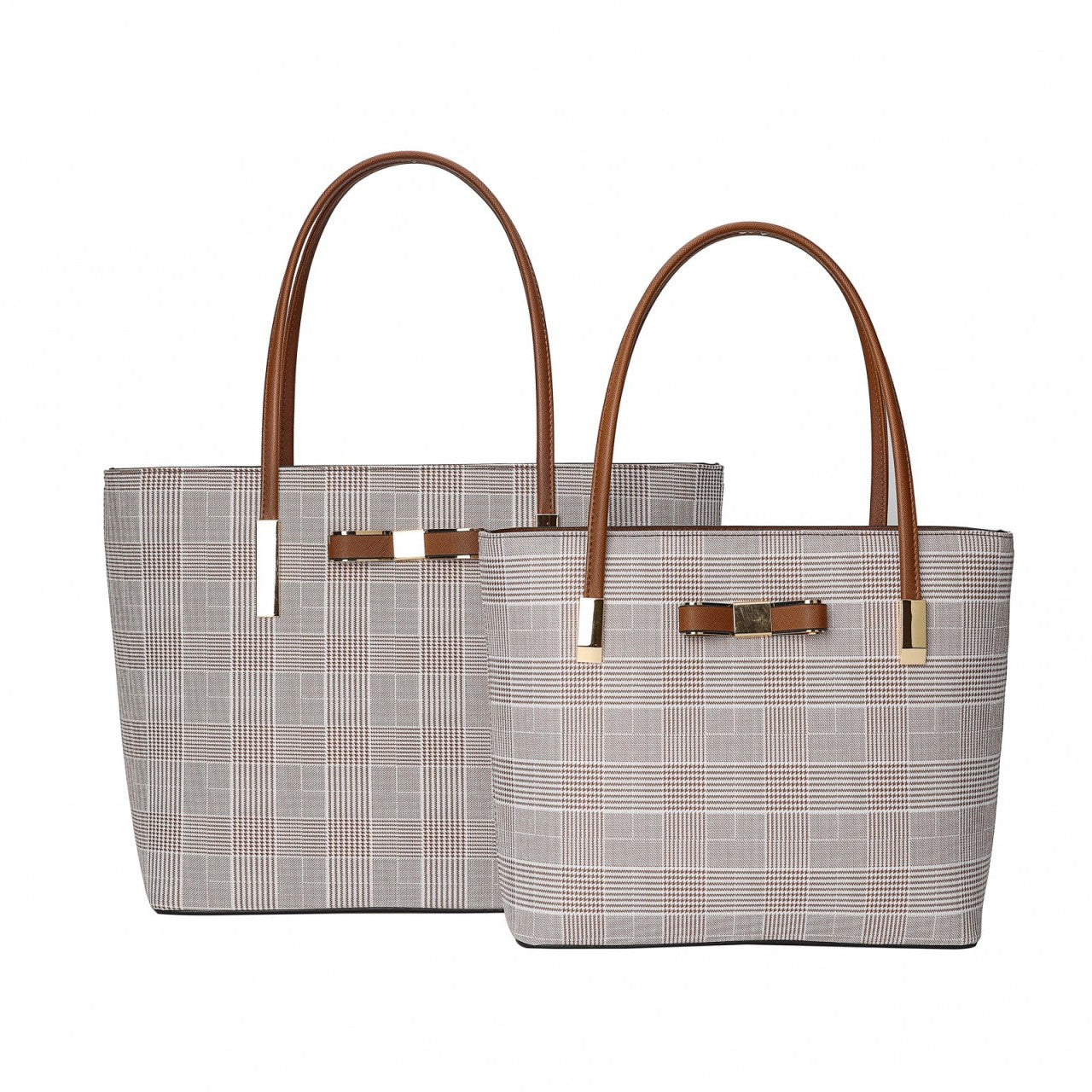 LYDC Bow Details Shoulder / Tote Handbags in CHECKERED pattern (Large & Medium Set)